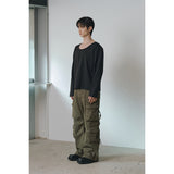 Brushed crop u neck long sleeves(Black)