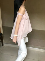 Lovie Unbal One-Shoulder Ribbon Chiffon Blouse