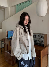 オーバーン ハイネック コットン フード ボンバー ジャケット