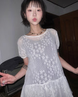 (2color) Dot Star Frill Mesh Half Sleeve Tee