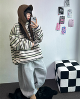 ストライプフリースワンサイドストリングアノラックニットスウェット 💙🩶🧡3COLOR