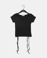 Desa バックスリットリボンVネック半袖Tシャツ