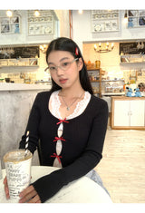 Lace Inner Layered Red Bow Long Sleeve Tee (Lace Inner Set)