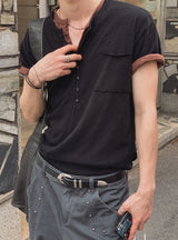 [1+1] Kato Henley Neck Slub Short Sleeve T-shirt