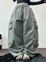 FLEECE/STRING TWO CARGO RIVET WIDE BALLOON LONG PANTS💚🤎🖤🩶4COLOR