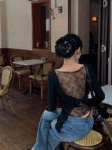 Black bag see-through pad bow long-sleeved shirt