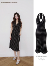 dot halter-neck sleeveless V-neck long dress