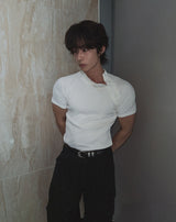 スロウリーボタンマッスルフィットリブドショートスリーブTシャツ