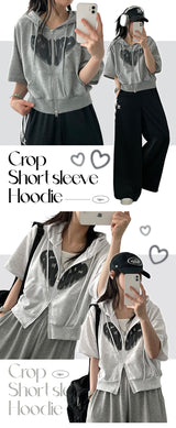 Reddit two-way crop short-sleeved hooded zip-up