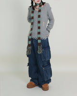 ラバーVネックダメージカットポイント長袖ニット (wool material)