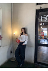 Lace Black Side Shirring Casual Pants