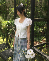 Yudo Tie Ribbon Puff Short-Sleeve Blouse