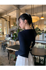 Back White Bow Long Sleeve Knit T-shirt