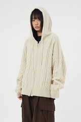 Cable twisted knit hood zip-up