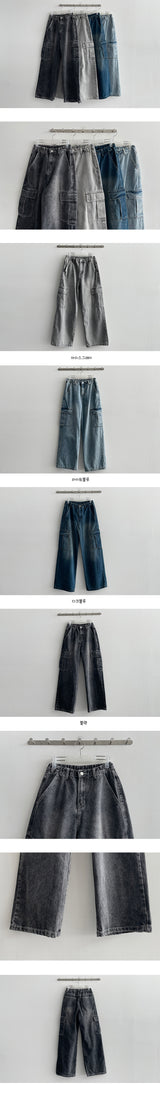 [Short, Basic/S-3XL] Cropped Banded Waist Wide Cargo Denim Pants