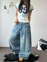 Truegen Button Waistband Side Pintuck Balloon Denim Pants 4color