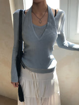 Second Layered Wrap Slim Fit Long Sleeve Rib Knit