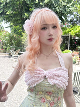 ROSE ISLAND ホルターネックライトピンク&グリーンフローラルワンピース