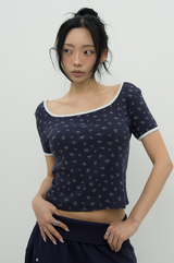 フローラルバックスリットTシャツ_ネイビー