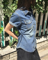 Curb side button pocket washed denim shirt