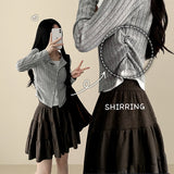 Cardi side-shirring badge ribbed knit cardigan
