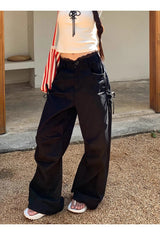 Lace Black Side Shirring Casual Pants