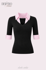Pink black steady collar V top