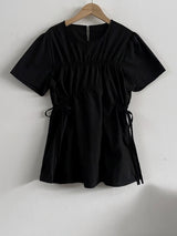 Memory Round-Neck Drawstring Shirring Summer Blouse 2 Colors