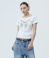 バタフライゴスワイドネッククロップTシャツ_ホワイト