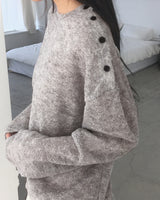 Miken open shoulder button wool long-sleeved T-shirt