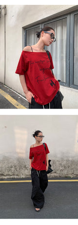Lettering one-shoulder off-shoulder overfit short-sleeved T-shirt