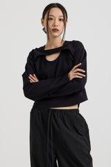 コットンレイヤード長袖Tシャツ, Black