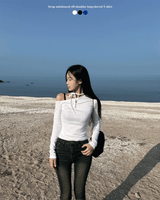 Unbuttoned off-shoulder halter strap long sleeve T-shirt (3 colors)