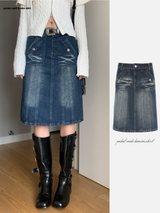 pocket midi denim skirt