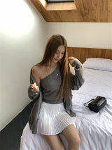 unbalanced top loose-fit cardigan two-piece set