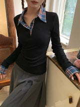 Checkered Shirt Layered Black Long-Sleeved T-Shirt