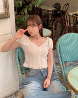 #Flower Embroidery Crop Short Sleeve Blouse (2color)