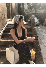 Navy Halterneck Flower Long Dress