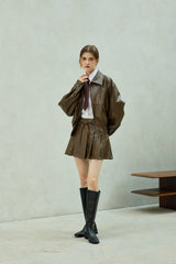 MOLLY LEATHER PLEATS SKIRT PANTS / BROWN