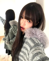 レビンストライプポンポンニットファーフードカーディガン