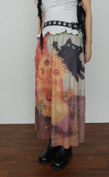 VINTAGE CAT FRINTING LONG SKIRT