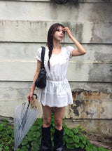 Poly Lace Ribbon Short Sleeve Blouse One Piece