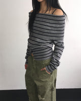ストライプオフボタンニット