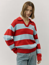 WOOL BLENDED COLLAR STRIPE BOARDER KNIT RD+BL