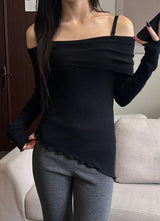 Unbalance cutting off shoulder knit(3color)