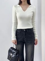 Ciar Collar V-Neck Slit Ribbed Long Sleeve Knit