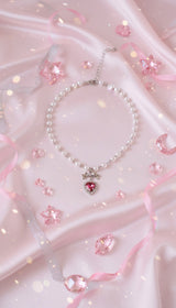 [ジェニーパーク Necklace] ローズピンクハートアンドリボン パールチョーカーネックレス