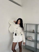 Classic Metal Wave Double Button High Neck Fur Coat (White)
