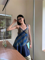 blue frill checkered frill sleeveless dress