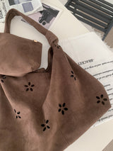 Brown Haze Flower Punching Suede Twist Shoulder Bag (Brown)